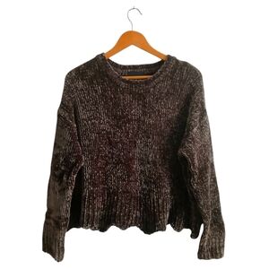 Cynthia Rowley Sweater Scalloped Hem Semi Crop Olive Brown Medium
